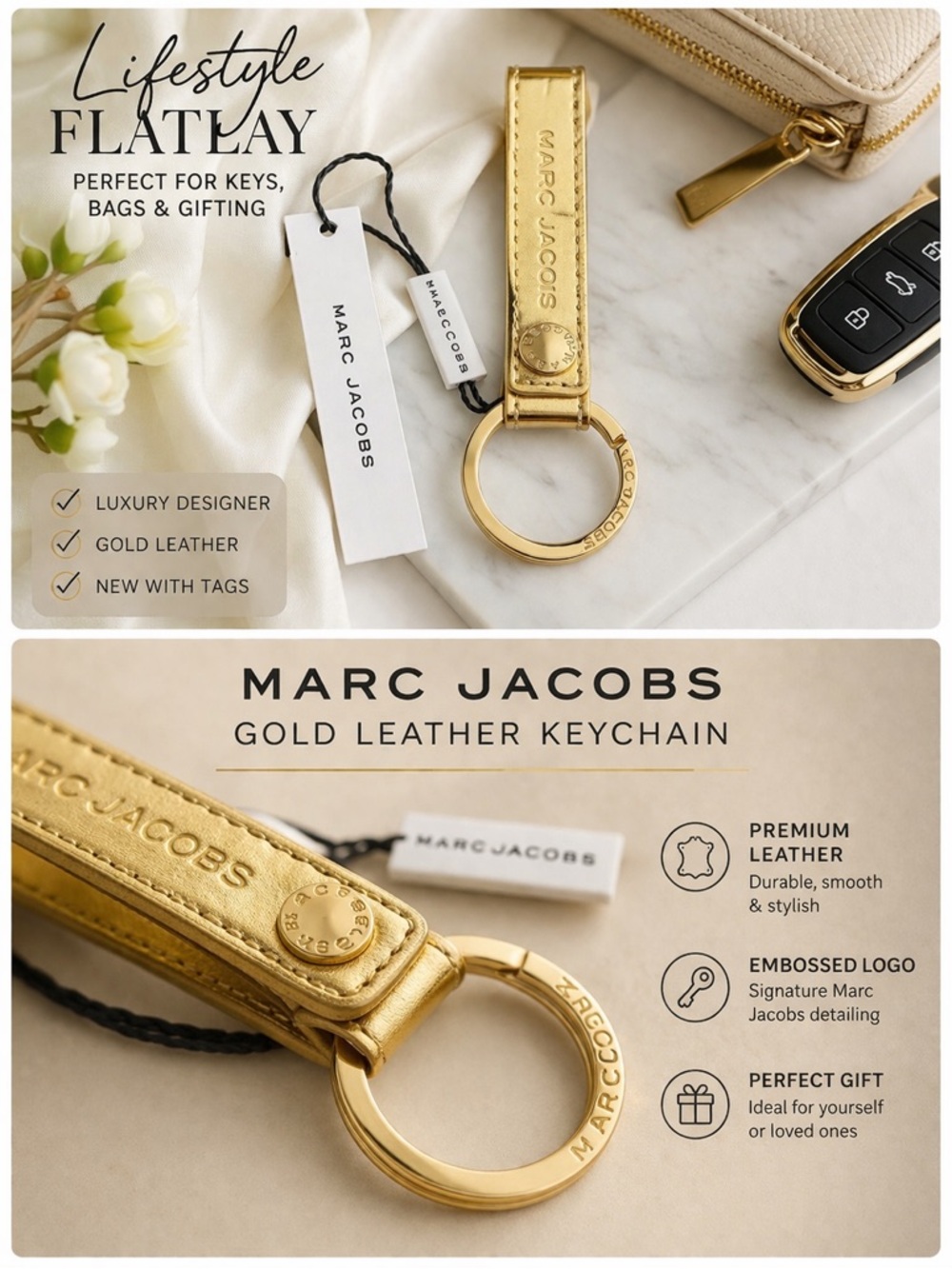Marc Jacobs Logo Keychain | Designer Strap Key Ring | Luxury Gift NWT